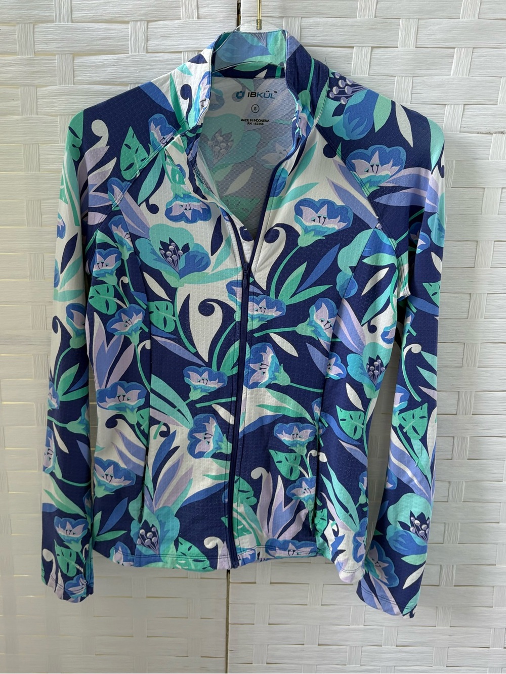 IBKUL Small Floral Zip Jacket Blue Green Thumb Holes Golf Tennis Pickleball Soft